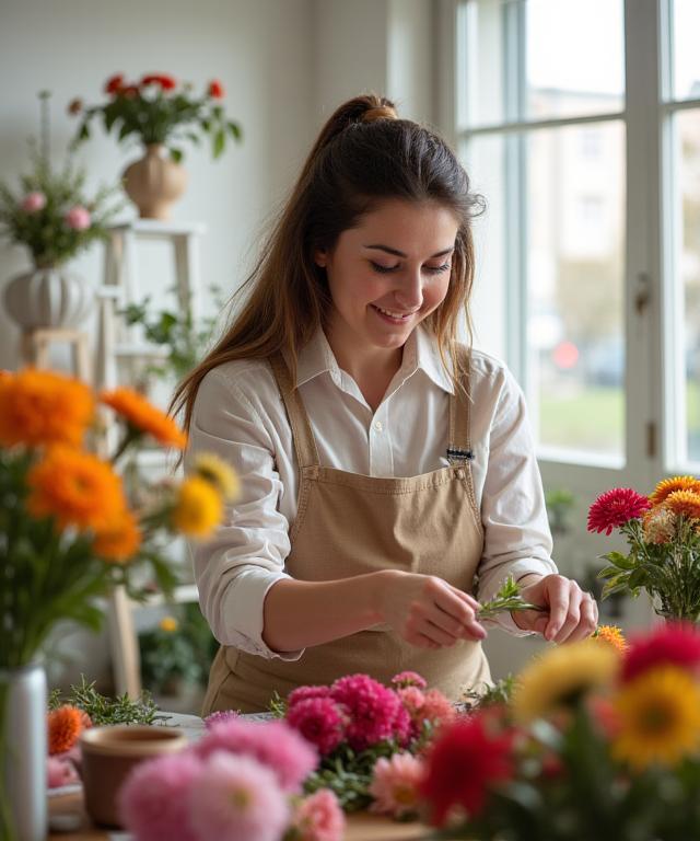 Founder of Galleon Florals arranging flowers in a light-filled studio