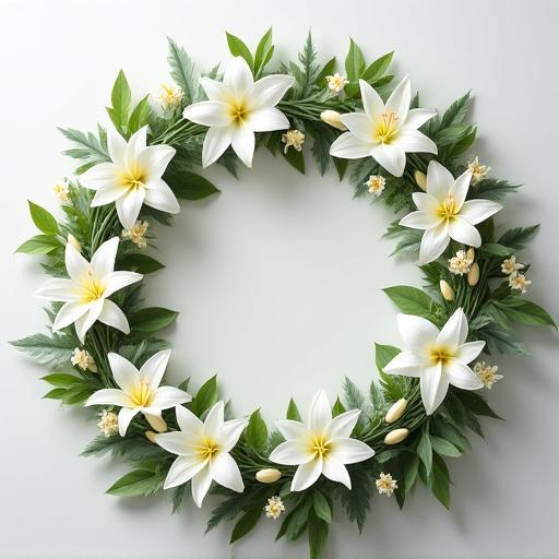 A respectful circular wreath of white lilies and foliage