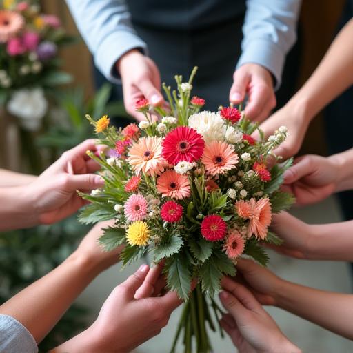 Hands-on floral workshop with participants creating bouquets